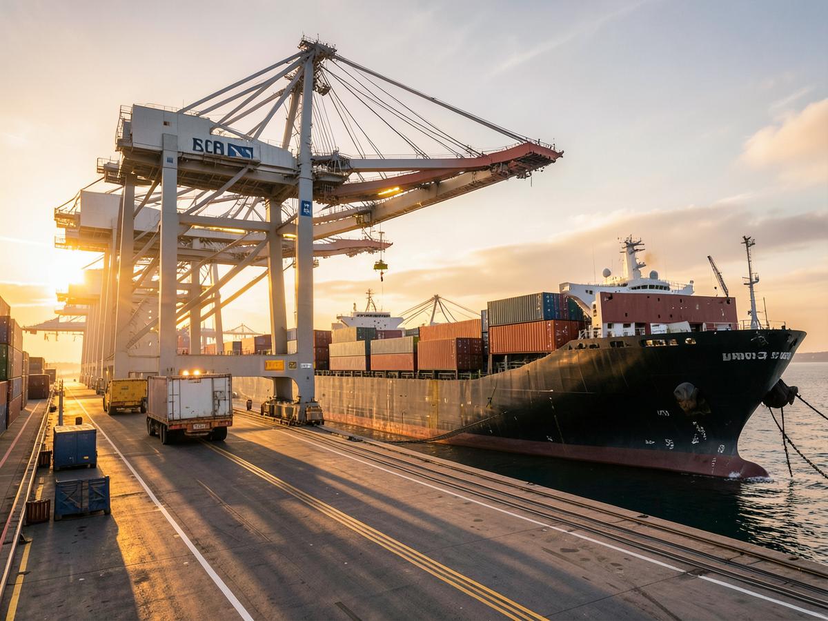 Port cranes loading containers at sunrise